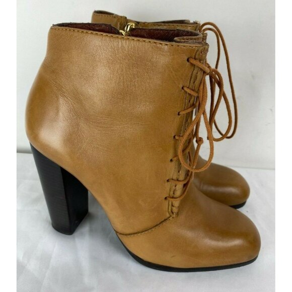 ELIZABETH AND JAMES Light Cognac Brown Leather Lace Up Side Zip Boots Heels Sz 8 - Picture 4 of 9